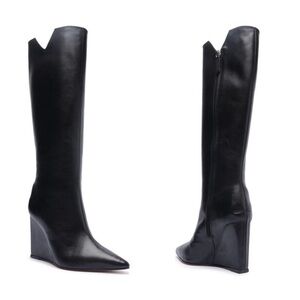 New Schutz Asya Tall Knee High Black Wedge Zip Boots Women Size 7.5B MSRP $238